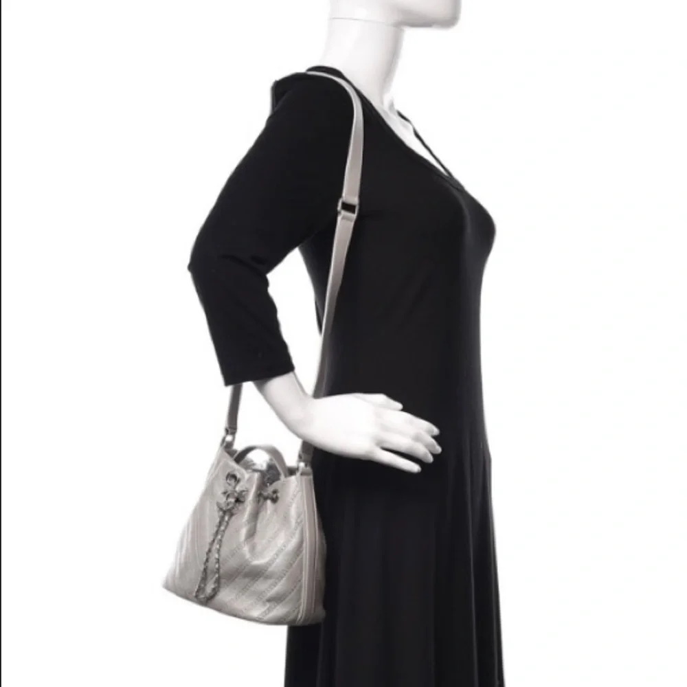 Chanel drawstring Metallic Calfskin Studded Chevron Quilted Crossbody - Picture 5 of 13